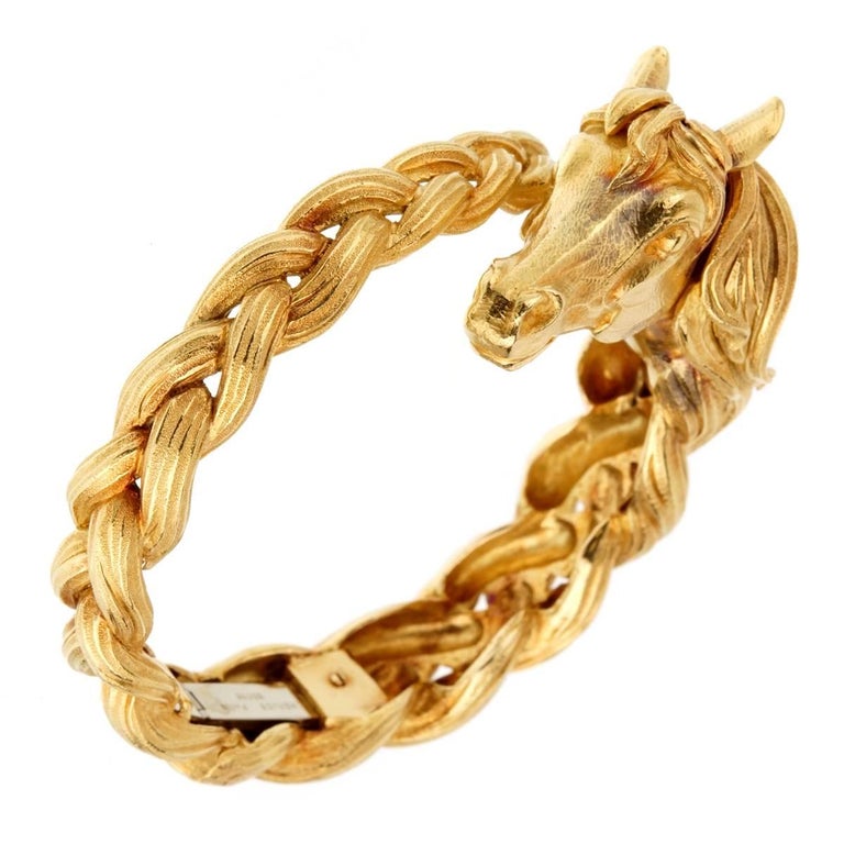 Hermes Horse Head Gold Bangle Bracelet For Sale at 1stdibs