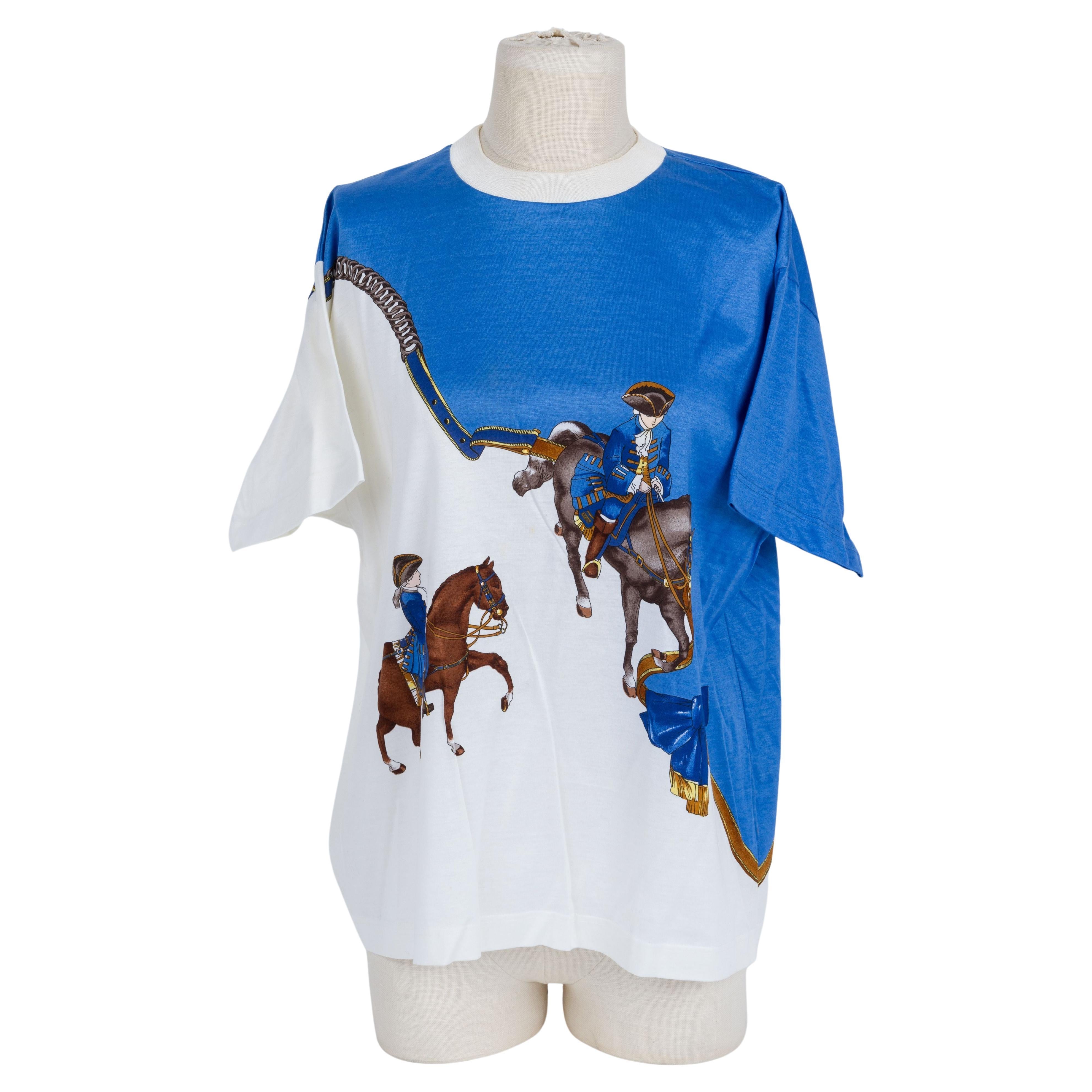 Hermès Horse - T-shirt en coton blanc/bleu en vente