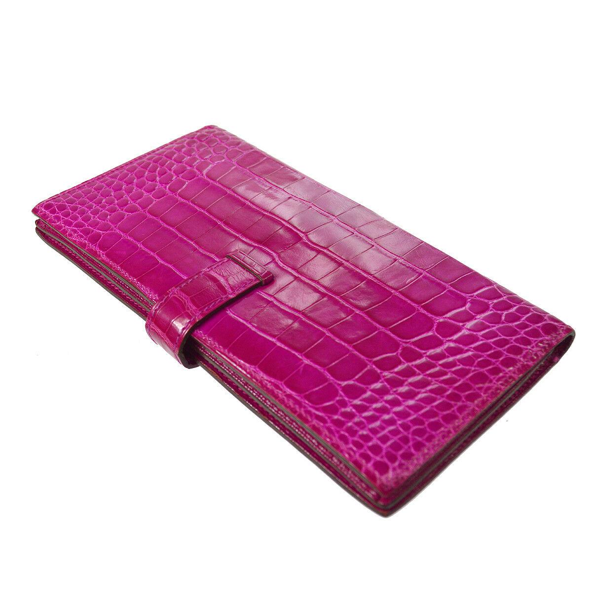 Hermes Hot Pink Crocodile Palladium Evening Clutch Wallet Bag in Box In Excellent Condition In Chicago, IL