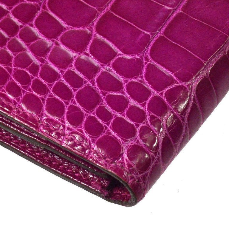 Hermes Hot Pink Crocodile Palladium Evening Clutch Wallet Bag in Box For Sale at 1stdibs