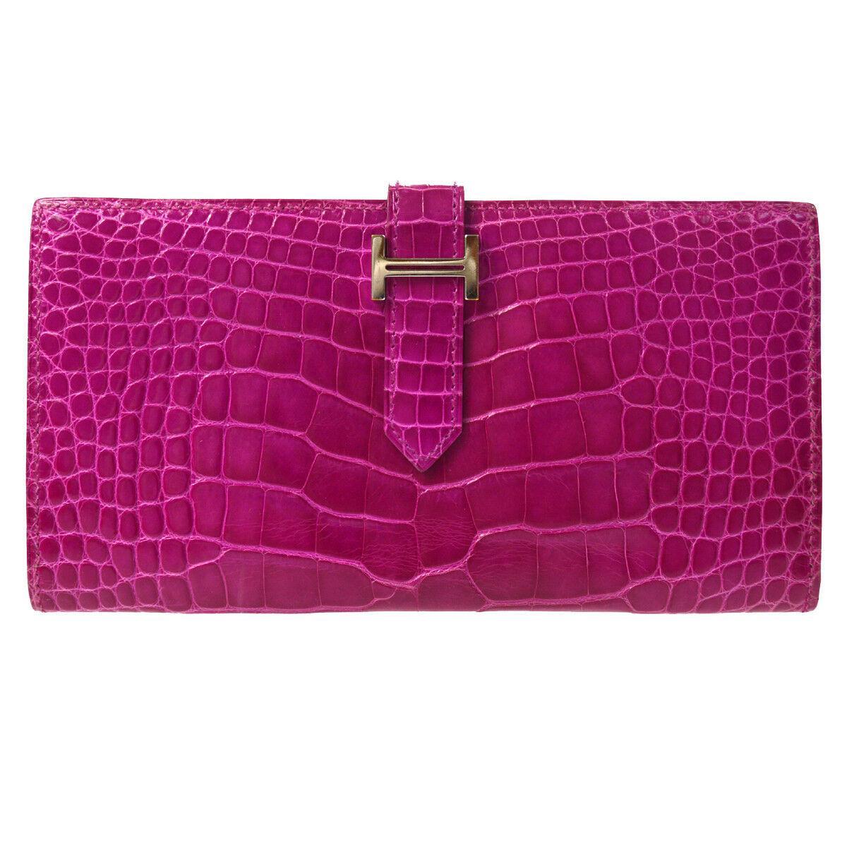 Hermes Hot Pink Crocodile Palladium Evening Clutch Wallet Bag in Box