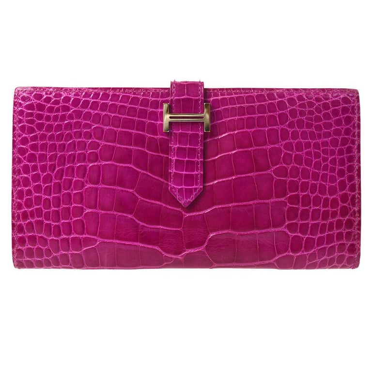 Hermes Hot Pink Crocodile Palladium Evening Clutch Wallet Bag in Box For Sale at 1stdibs