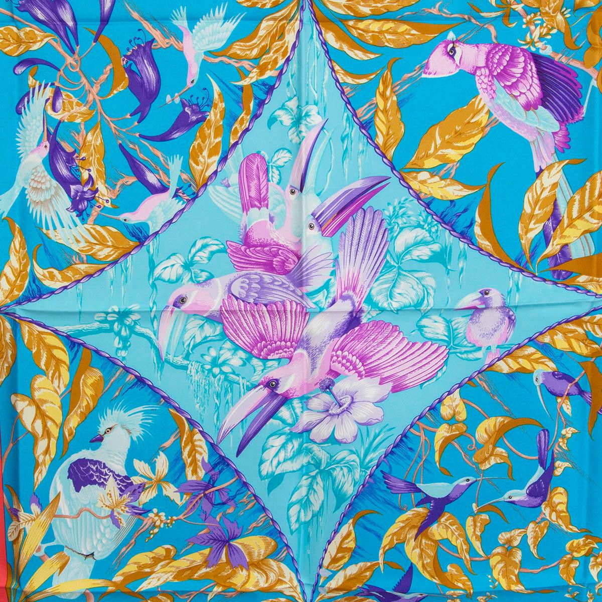100% authentic Hermes 'Tropiques 90' scarf by Laurence Bourthoumieux in pink silk twill (100%) with details in turquoise, purple, yellow and gold. Has been worn and is in virtually new condition.

Measurements
Width	90cm (35.1in)
Length	90cm