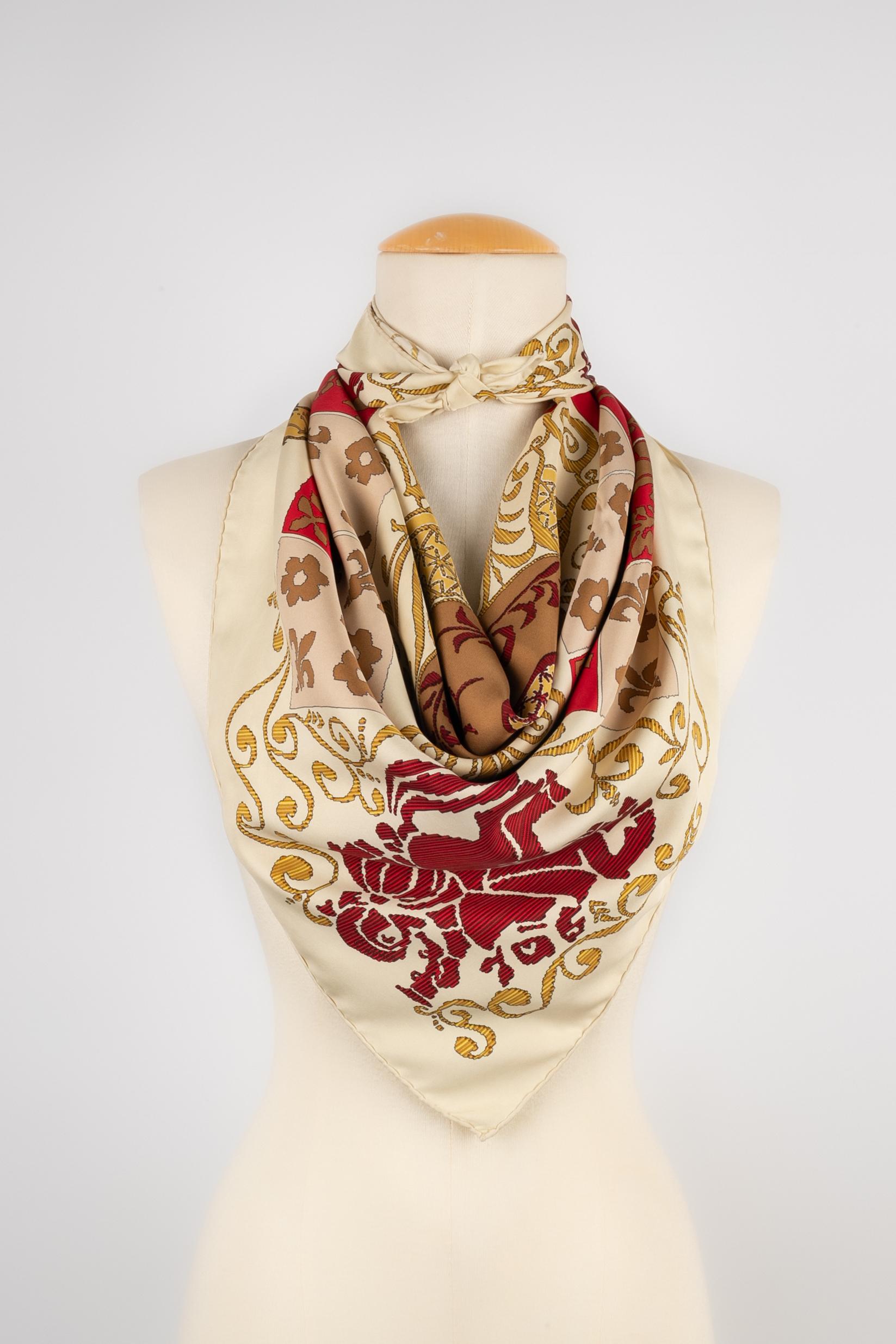 HERMÈS - (Made in France) Silk twill foulard illustrated with the 'Hourvari' theme designed by Henri D'Origny. Special edition for the opening of a Hermès shop in Lille in the end of the 1990s. The name of Lille city figured in a sidebar on the