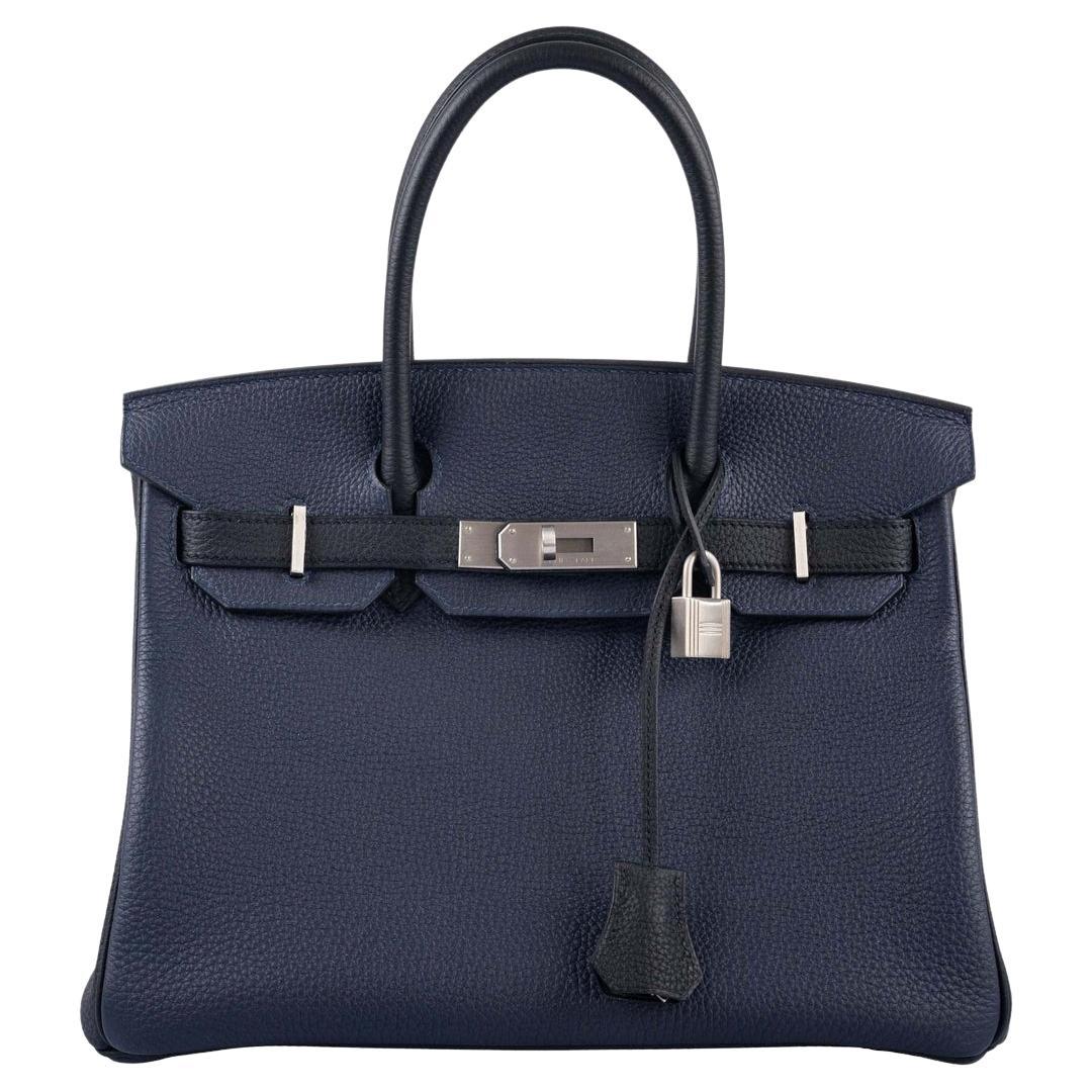 Hermès HSS Birkin 30 Blue Nuit & Black Togo Brushed Palladium Hardware Bag For Sale