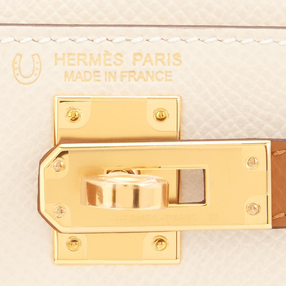 Hermes VIP HSS B-Color Craie and Gold Mini Kelly 20cm Epsom Bag VIP Z Stamp, 2021
World exclusive! Just picked up from Hermes store. Bag bears new 2021 interior Z Stamp
Brand New in Box.  Store Fresh. Pristine Condition (with plastic on