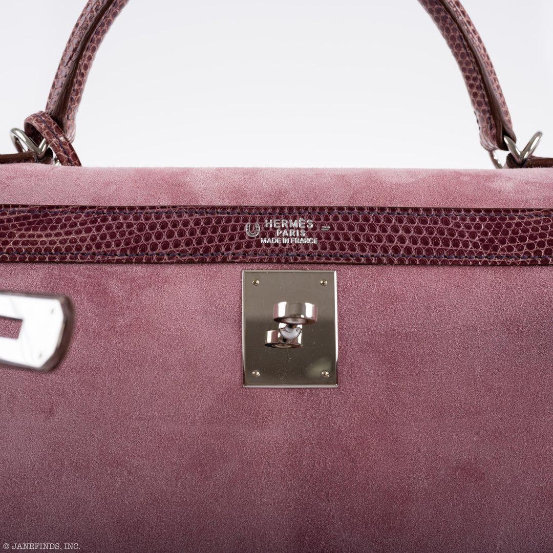 Hermès HSS Kelly 32 Sellier Rose Indienne Doblis Suede & Mauve Lizard Handbag For Sale 5