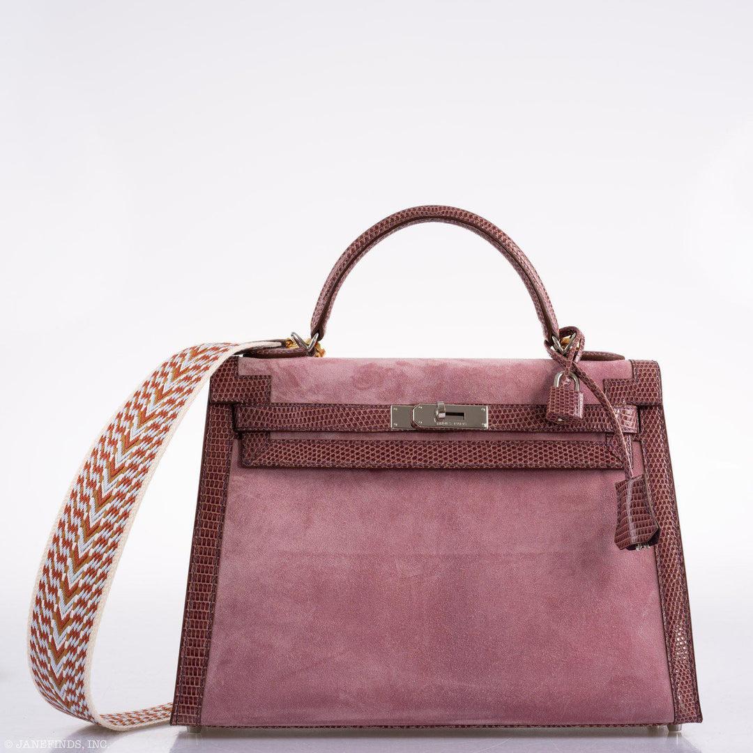 Hermès HSS Kelly 32 Sellier Rose Indienne Doblis Suede & Mauve Lizard Handbag For Sale 6