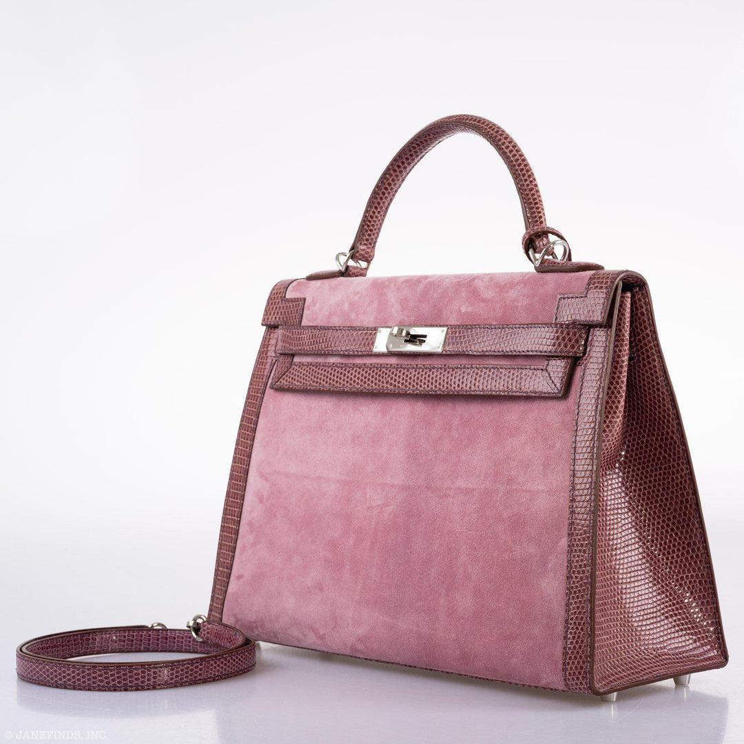Brown Hermès HSS Kelly 32 Sellier Rose Indienne Doblis Suede & Mauve Lizard Handbag For Sale