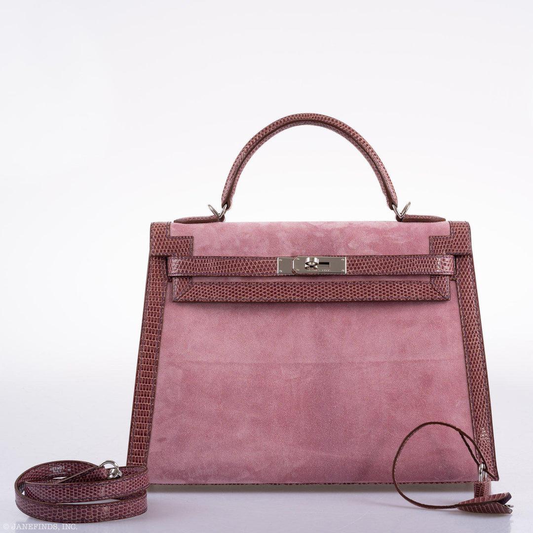 Hermès HSS Kelly 32 Sellier Rose Indienne Doblis Suede & Mauve Lizard Handbag In Excellent Condition For Sale In NYC Tri-State/Miami, NY