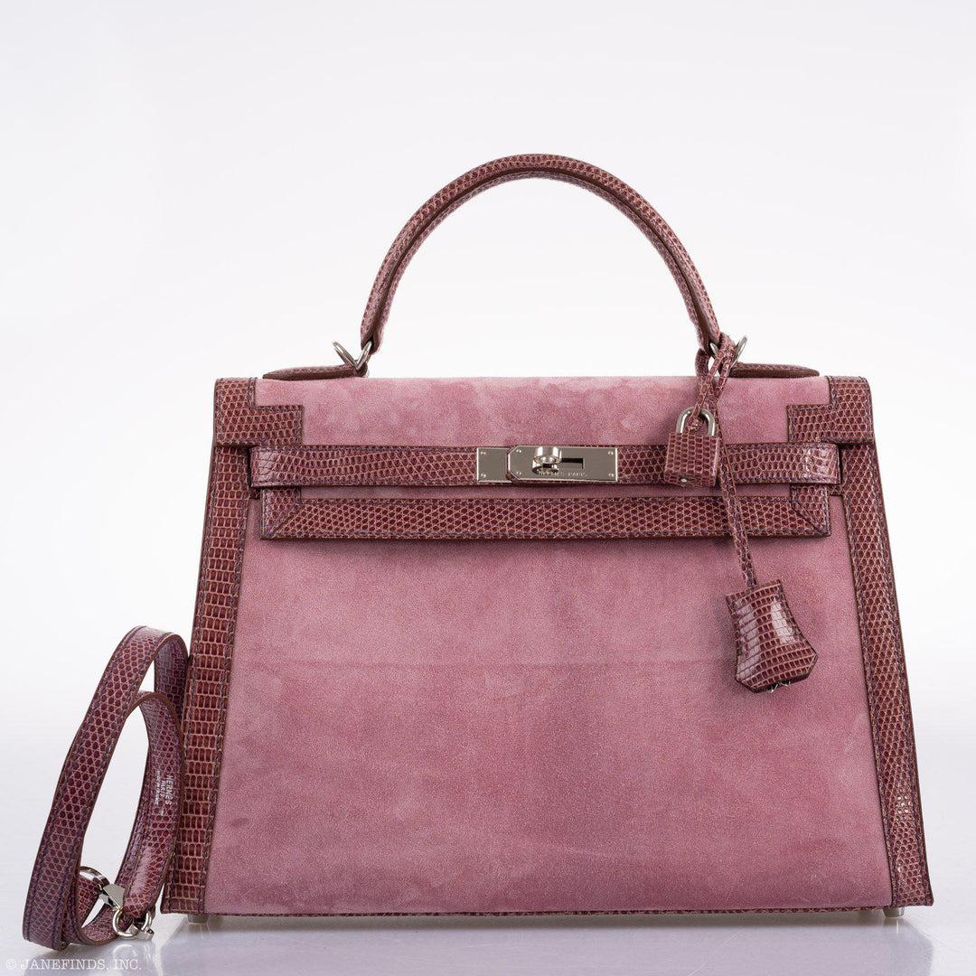Women's Hermès HSS Kelly 32 Sellier Rose Indienne Doblis Suede & Mauve Lizard Handbag For Sale
