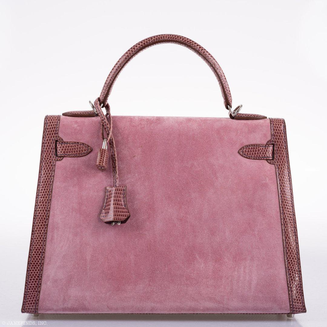 Hermès HSS Kelly 32 Sellier Rose Indienne Doblis Suede & Mauve Lizard Handbag For Sale 1