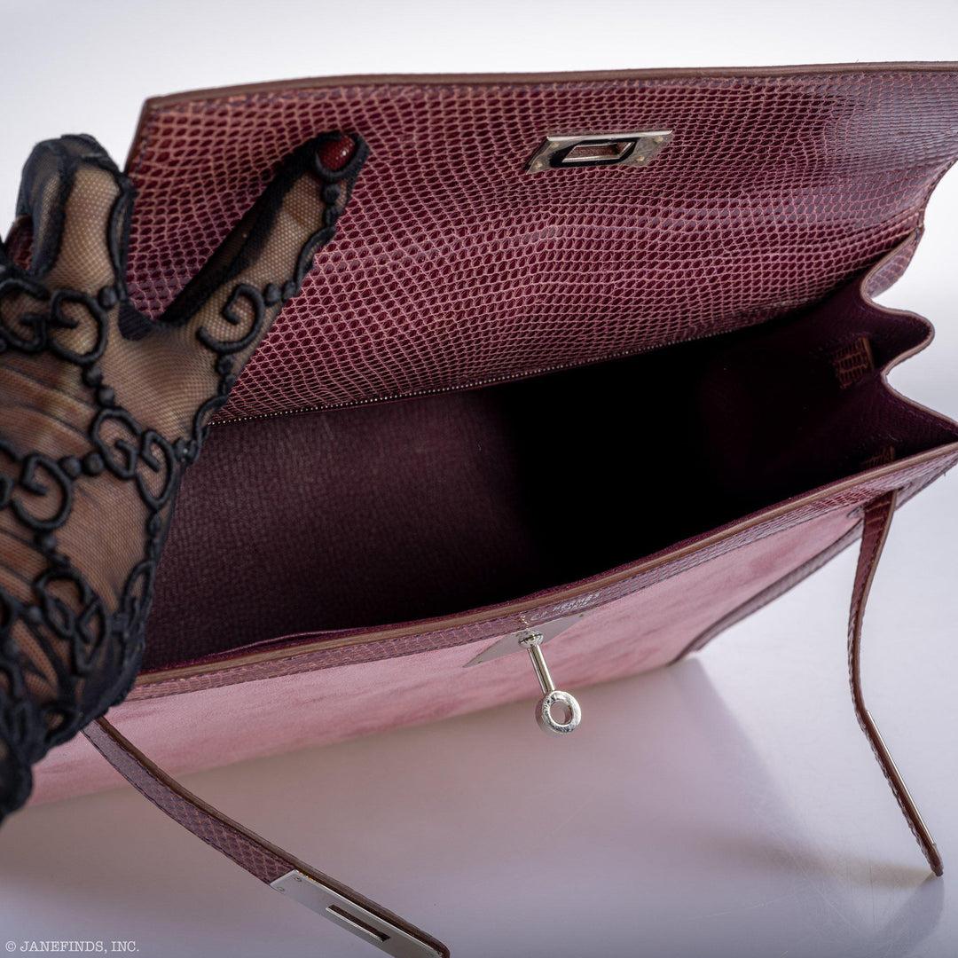 Hermès HSS Kelly 32 Sellier Rose Indienne Doblis Suede & Mauve Lizard Handbag For Sale 3