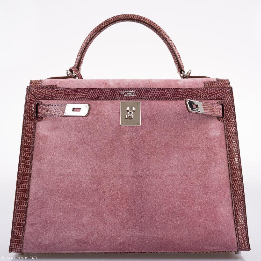Hermès HSS Kelly 32 Sellier Rose Indienne Doblis Suede & Mauve Lizard Handbag For Sale 4