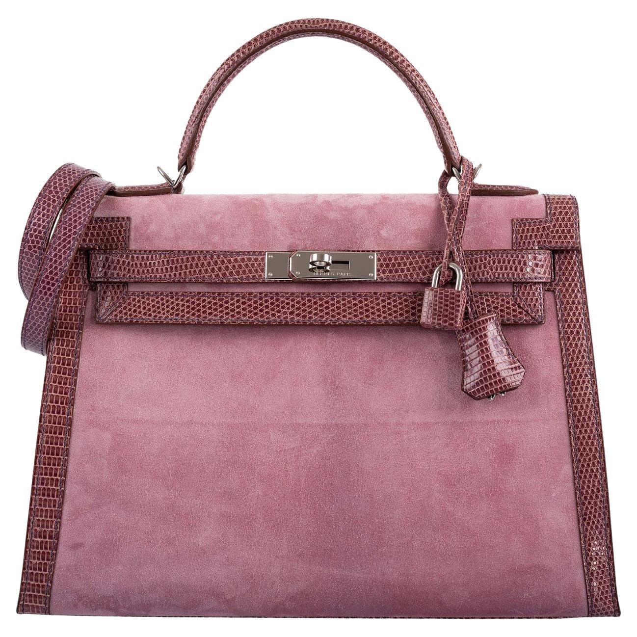 Hermès HSS Kelly 32 Sellier Rose Indienne Doblis Suede & Mauve Lizard Handbag