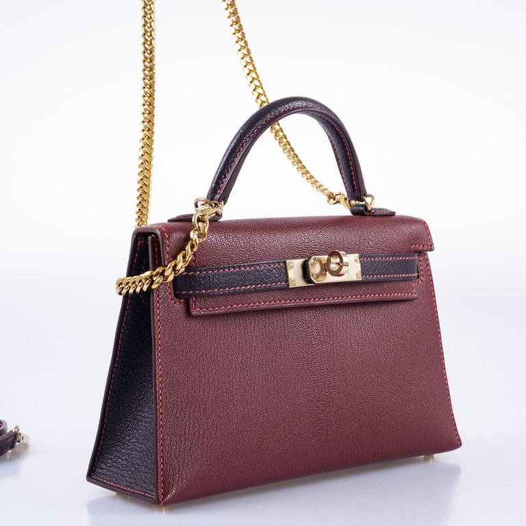 Hermes Constance Mini Raisin Veau Tadelakt Leather Handbag Purse in Box