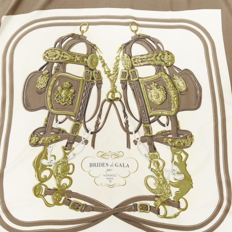 Beige HERMES Hugo Grygkar Brides de Gala brown white print silk scarf 90cm For Sale