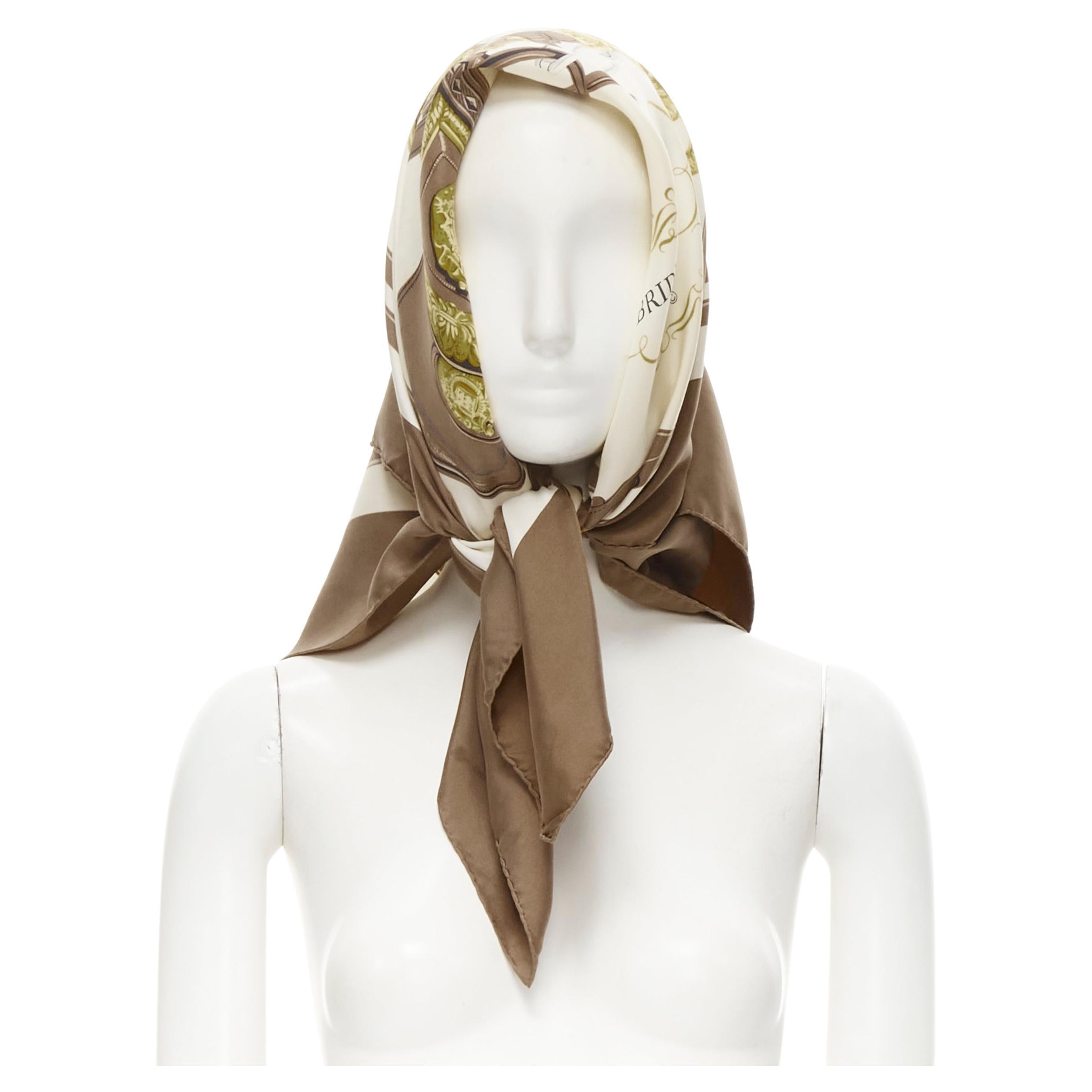 HERMES Hugo Grygkar Brides de Gala brown white print silk scarf 90cm For Sale