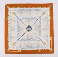 HERMES Hugo Grygkar "La Marine en Bois" Nautical Ship Trident Print Silk Scarf