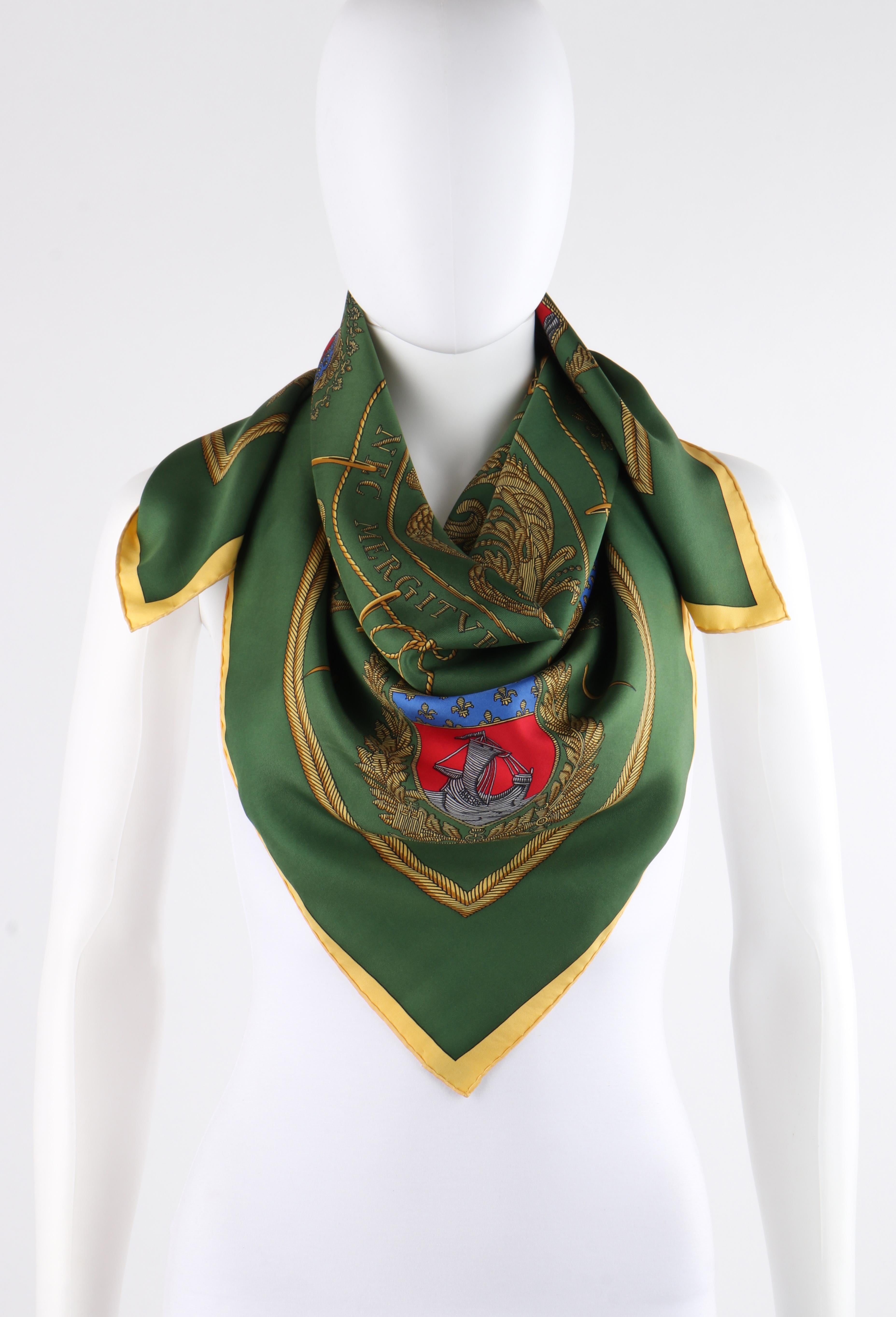 Hermès Hugo Grygkar Les Armes De Paris Seidenschal mit grünem, gelbem und marineblauem Schiffsdruck im Zustand „Gut“ in Thiensville, WI