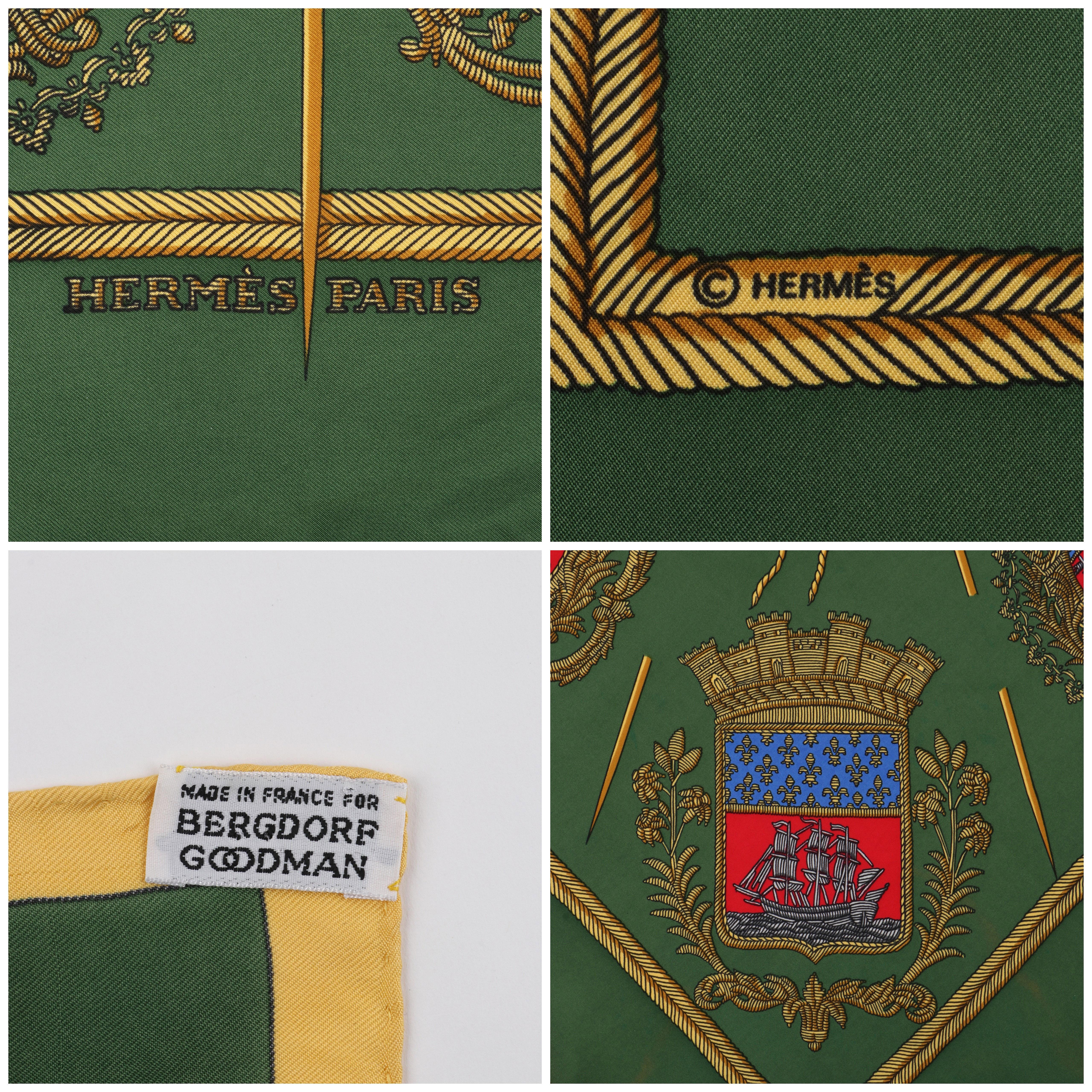 Hermès Hugo Grygkar Les Armes De Paris Seidenschal mit grünem, gelbem und marineblauem Schiffsdruck 1