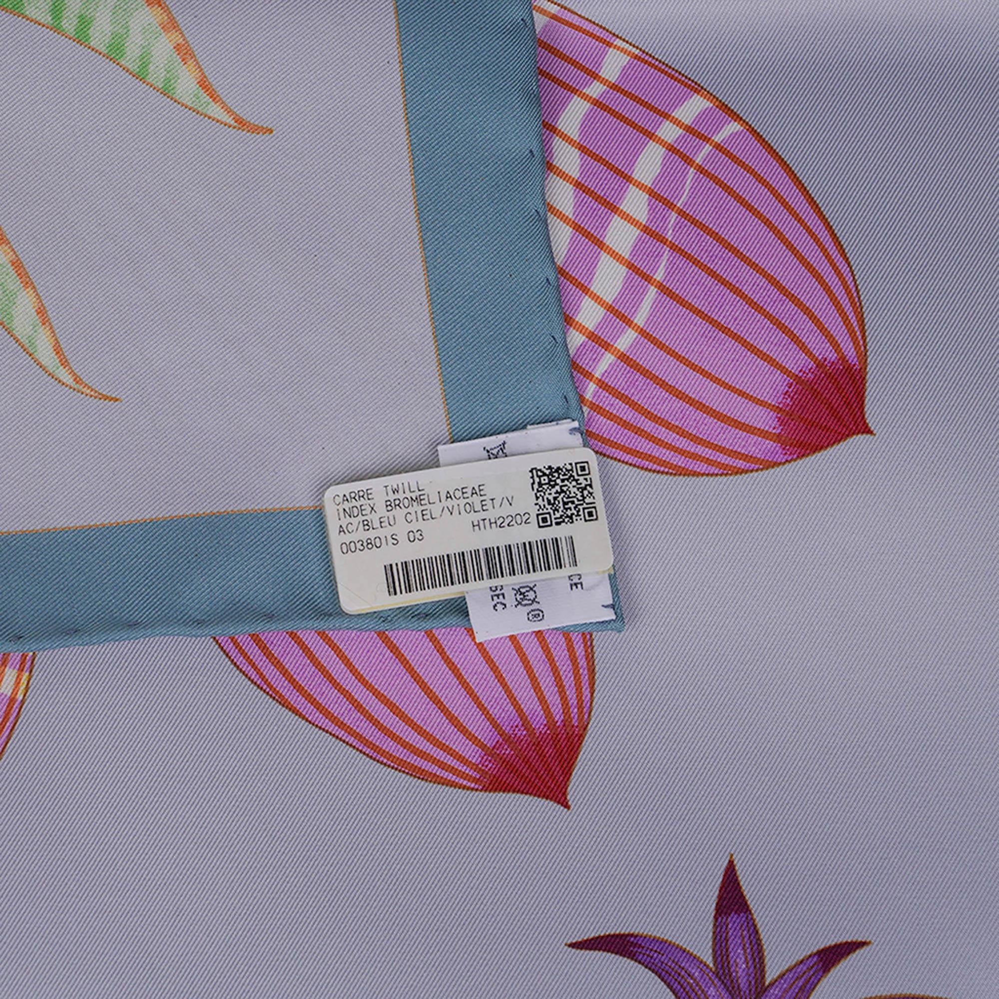 Hermes Index Bromeliaceae Scarf Blue Ciel and Violet Silk Twill 90 For Sale 9