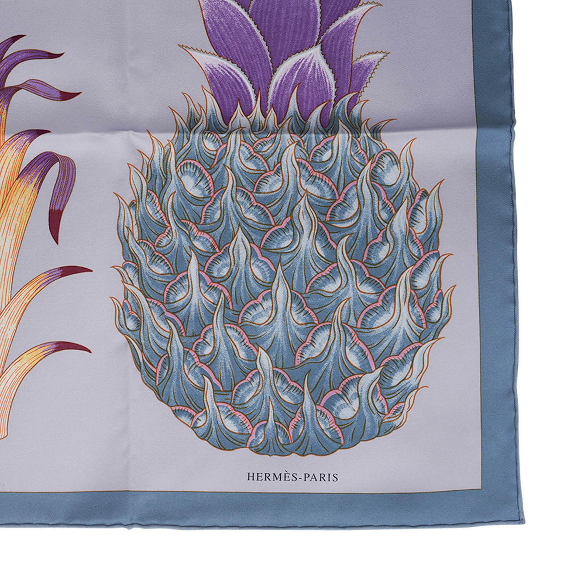 Hermes Index Bromeliaceae Scarf Blue Ciel and Violet Silk Twill 90 For Sale 1