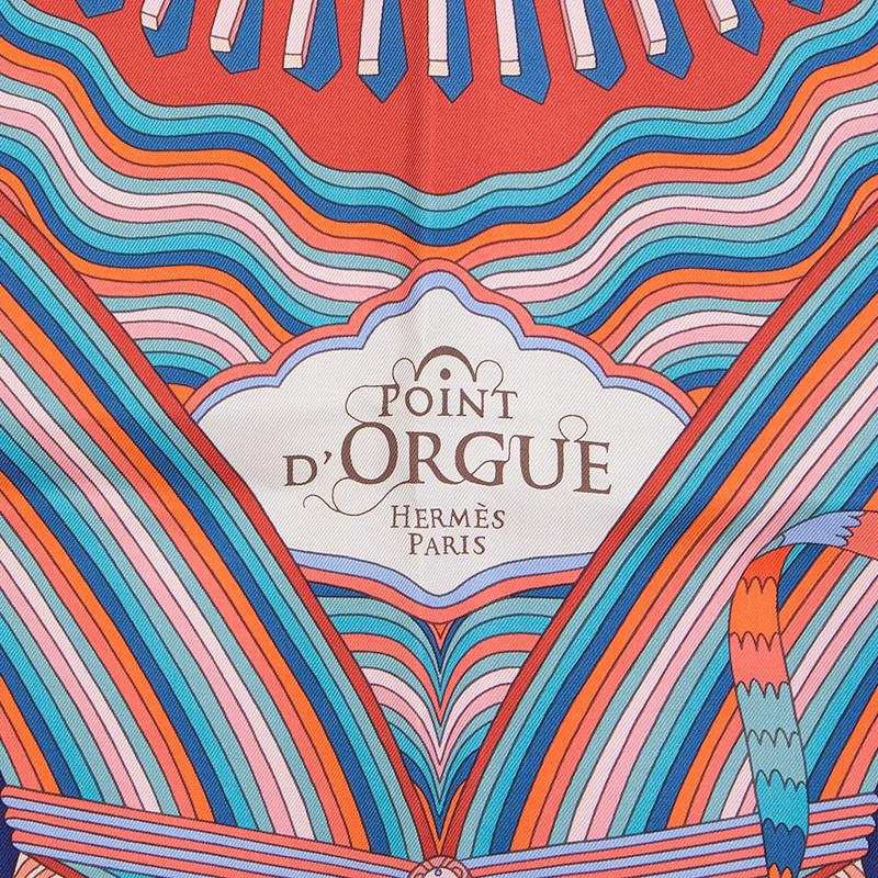 Hermes 'Point D'Orgue 90' scarf designed by Pierre Marie in indigo blue, salmon, turquoise, white, grey, black and rust red. Has been worn and is in excellent condition.

Width 90cm (35.1in)
Height 90cm (35.1in)