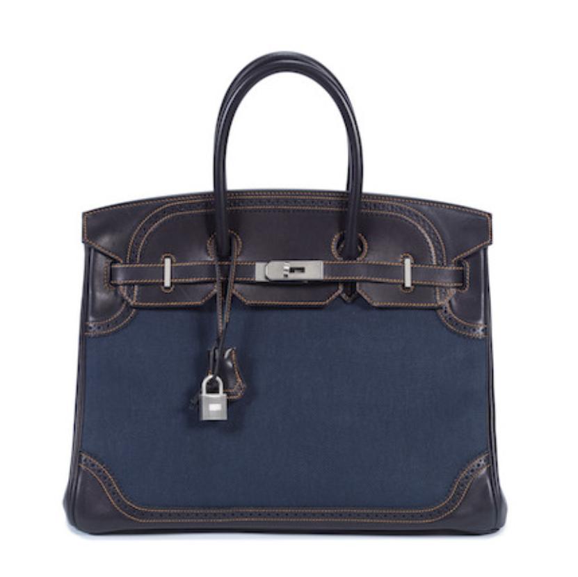 Hermès Indigo Denim und Marineblau Evercalf Leder Ghillies Birkin 35  im Zustand „Gut“ in London, GB