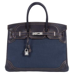 Hermès Indigo Denim und Marineblau Evercalf Leder Ghillies Birkin 35 