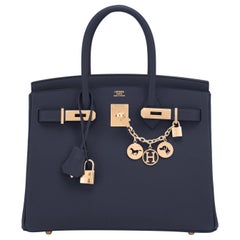 Hermes Indigo Rose Gold Deep Navy Blue Birkin 30cm Bag