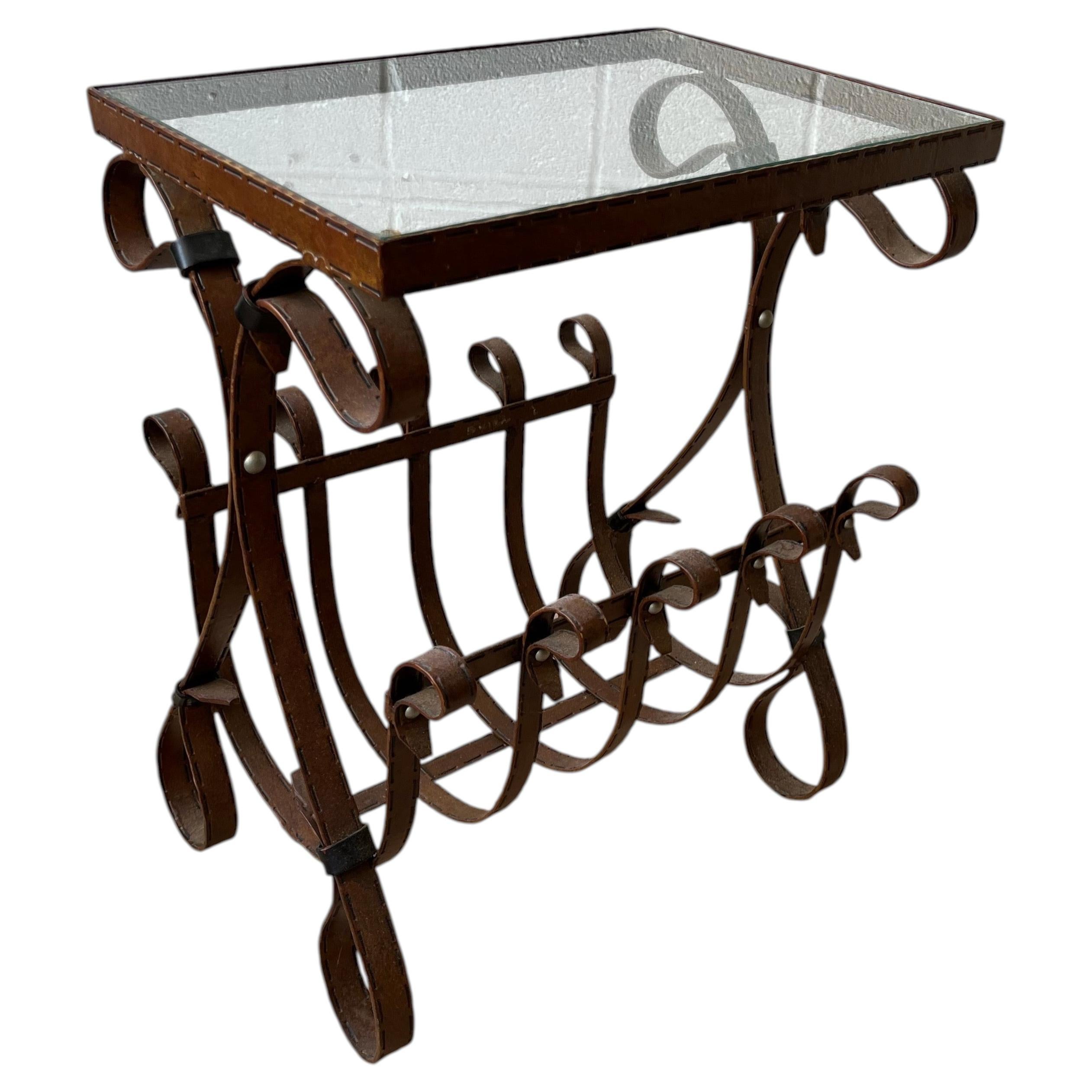 Equestrian Strap Iron Glass Top Magazine Rack Side Table Hermes Style For Sale