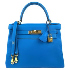 Hermès Intense Blue Evercolor 28 cm Kelly with Gold Hardware