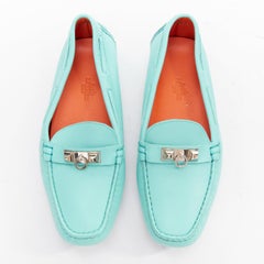 HERMES Irving cyan blue leather silver stud driving loafers EU35.5