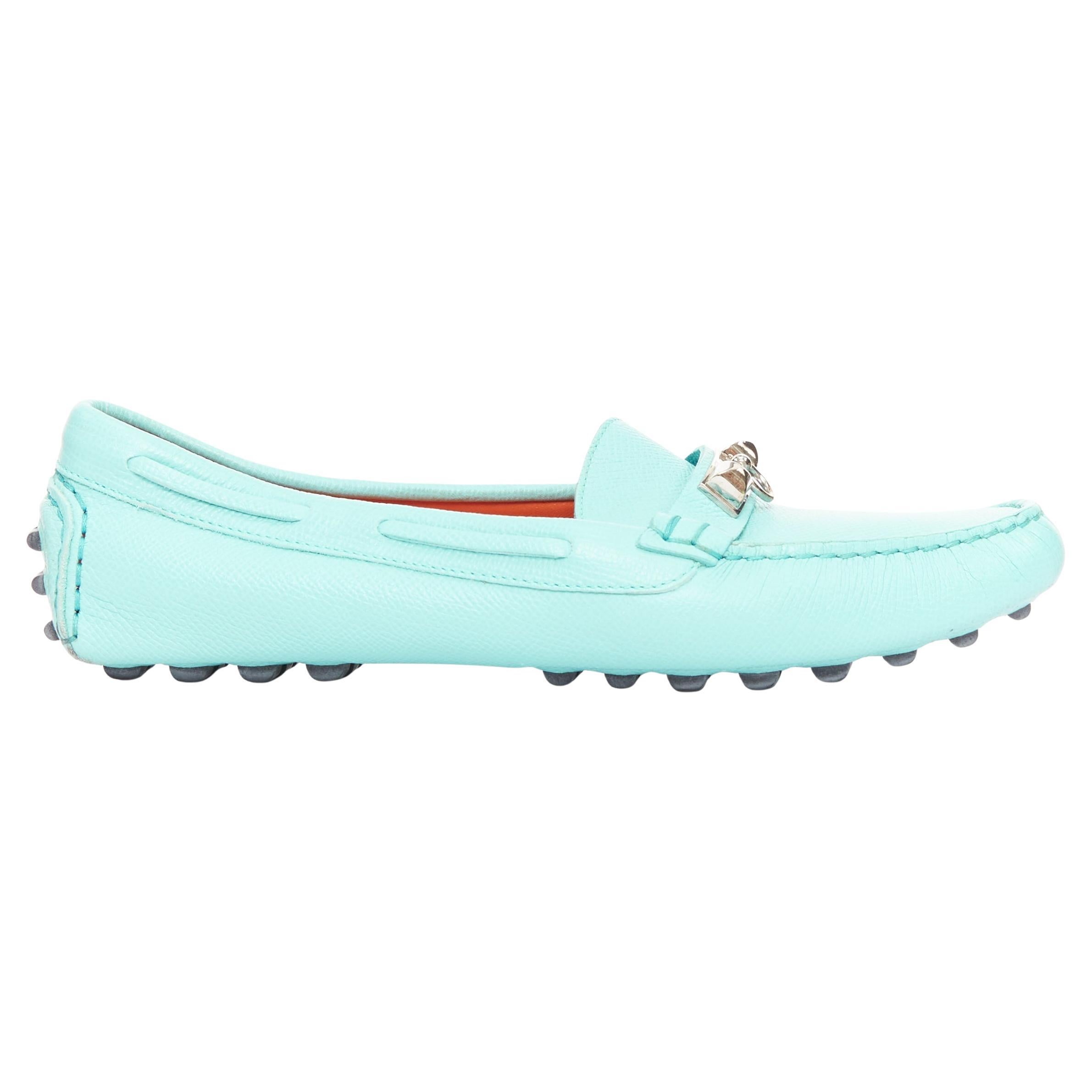 HERMES Irving cyanblaues Leder Silber Nieten Slipper EU35.5 im Angebot