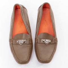 HERMES Irving stone taupe leather silver stud driving loafers EU35.5