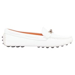 HERMES Irving white swift leather silver stud driving loafers EU35.5