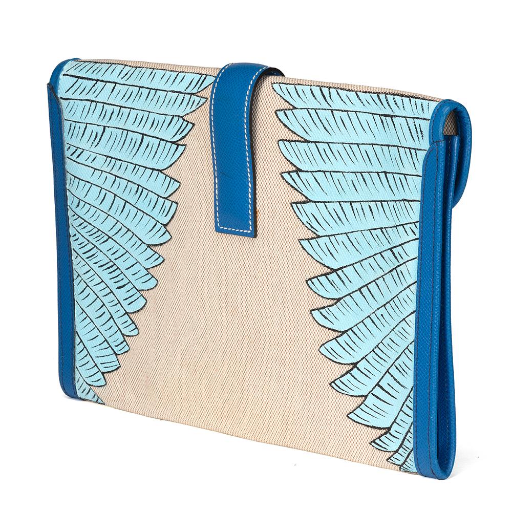 Hermes Ivory and Blue Jige Clutch Customised With Bird In Excellent Condition In London, GB