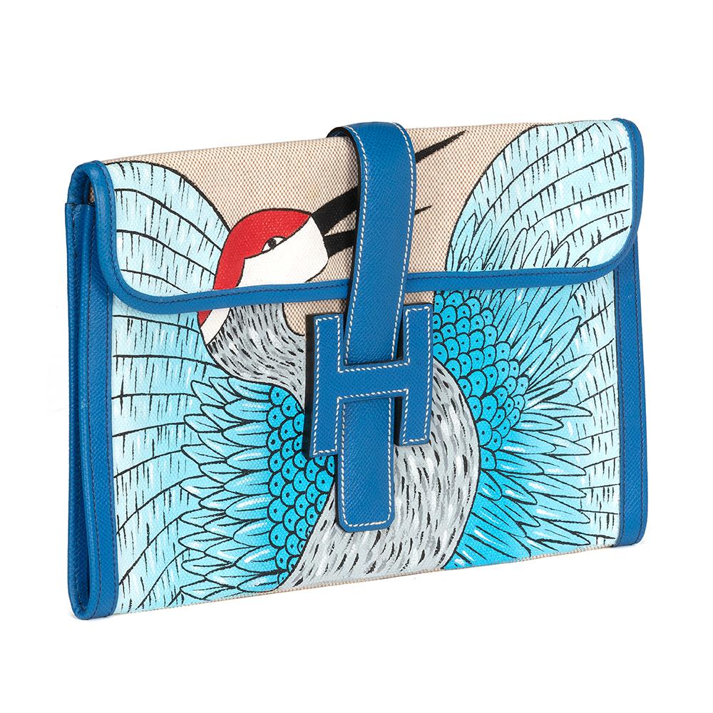 Hermes Ivory and Blue Jige Clutch Customised With Bird 1