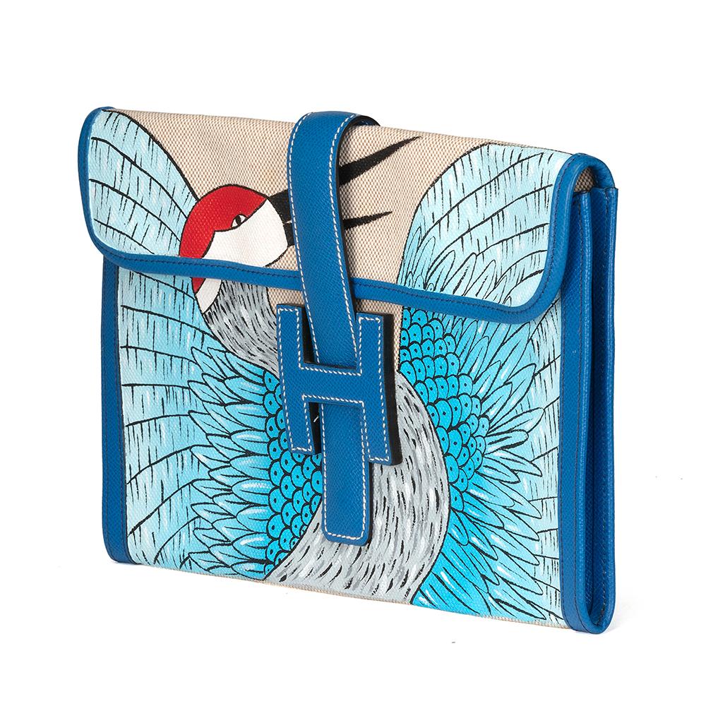 Hermès - Pochette Jige ivoire et bleue personnalisée avec oiseau 1