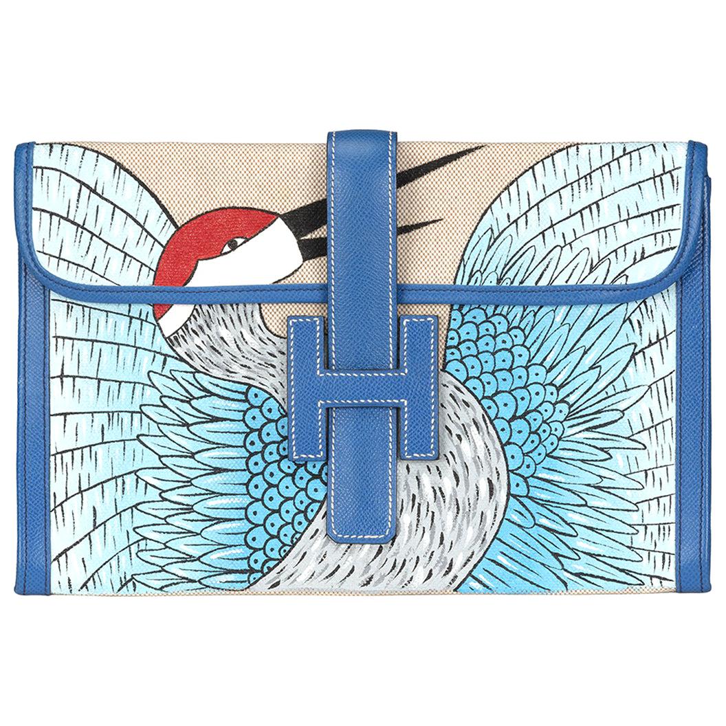 Hermes Ivory and Blue Jige Clutch Customised With Bird