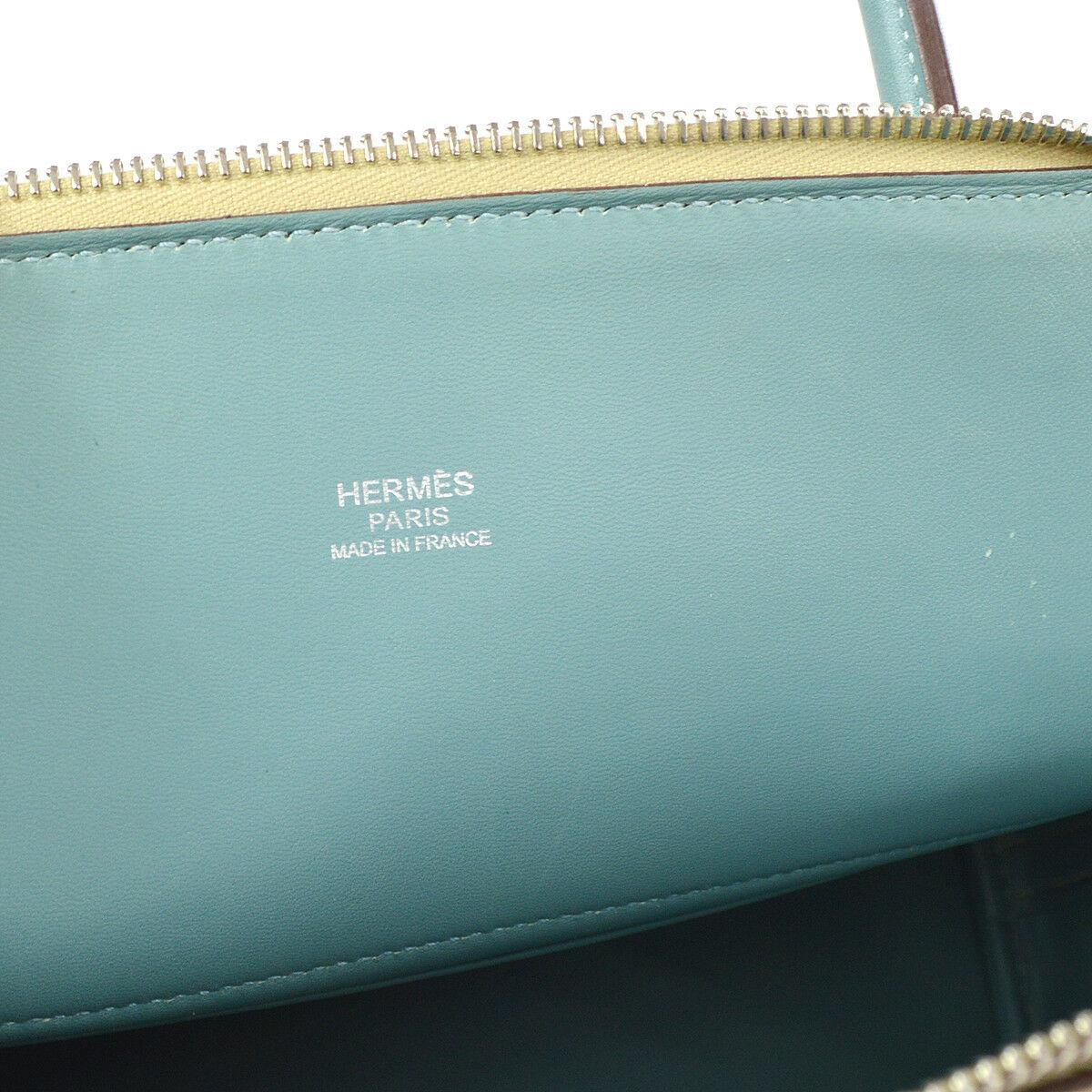 Women's Hermes Ivory Cream Blue Leather Top Handle Satchel Shoulder Tote Bag in Box