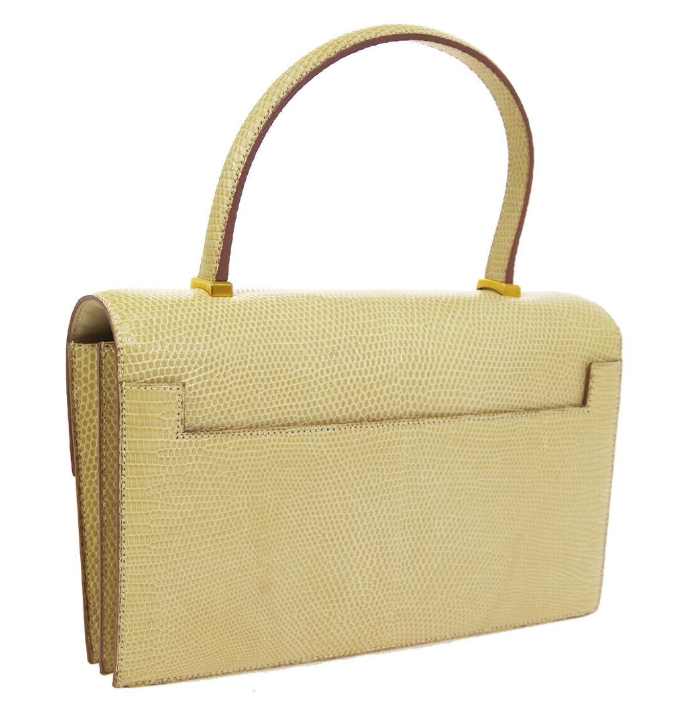 Hermes Ivory Exotic Lizard Gold Evening Kelly Style Top Handle Satchel Bag In Good Condition In Chicago, IL