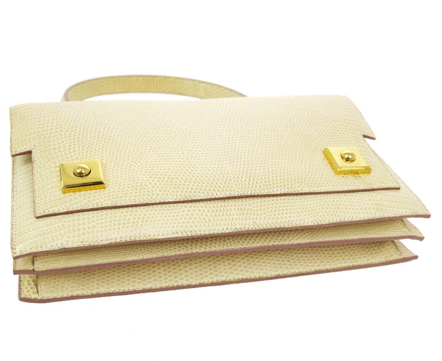 Women's Hermes Ivory Exotic Lizard Gold Evening Kelly Style Top Handle Satchel Bag