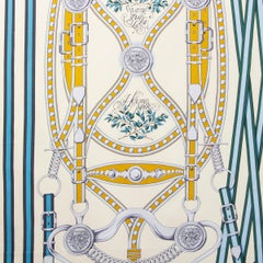 HERMES ivory GRAND TRALALA 90 Scarf silk Creme Bleu Moutarde