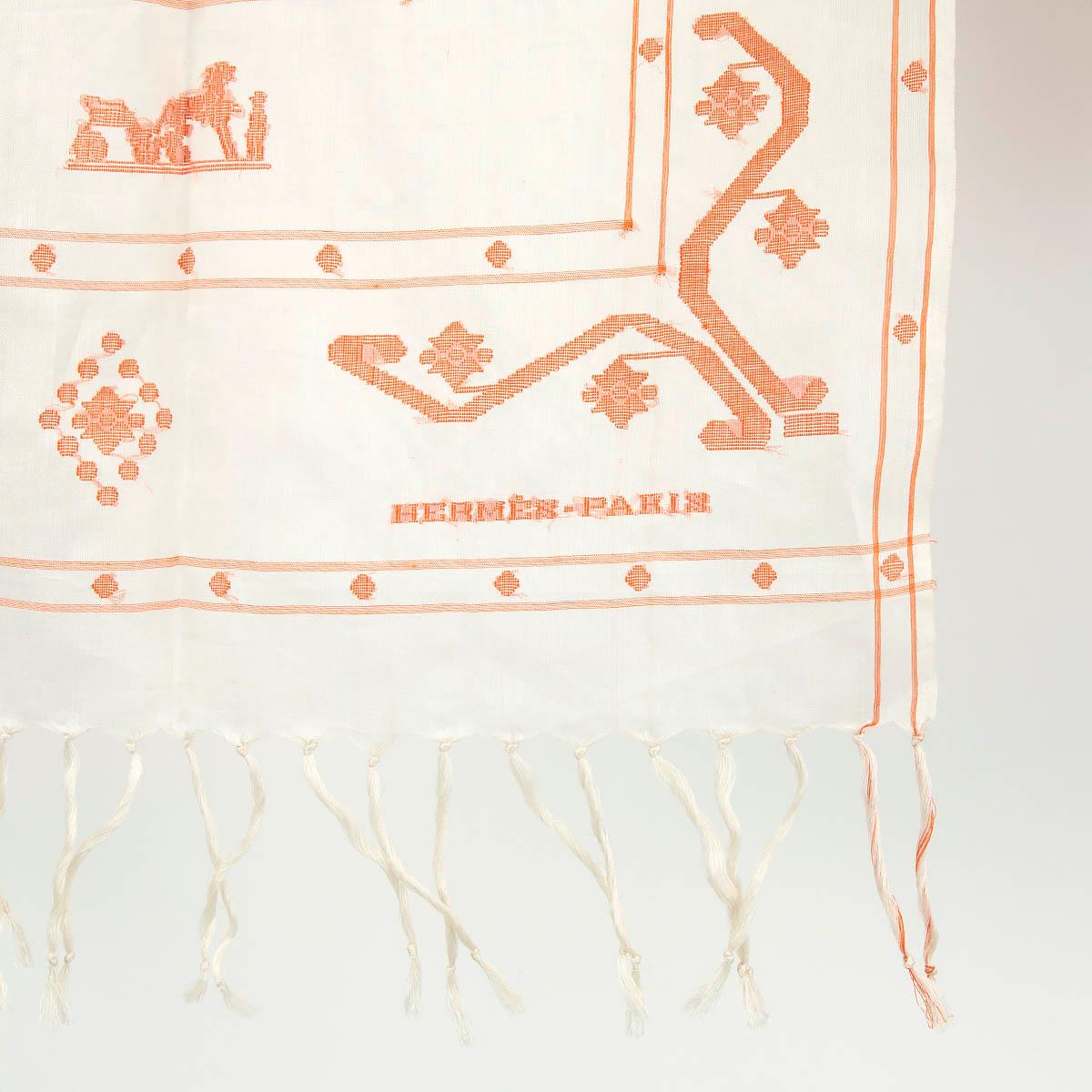 HERMES ivory & orange cotton & silk EMBROIDERED VOILE Scarf In Excellent Condition For Sale In Zürich, CH
