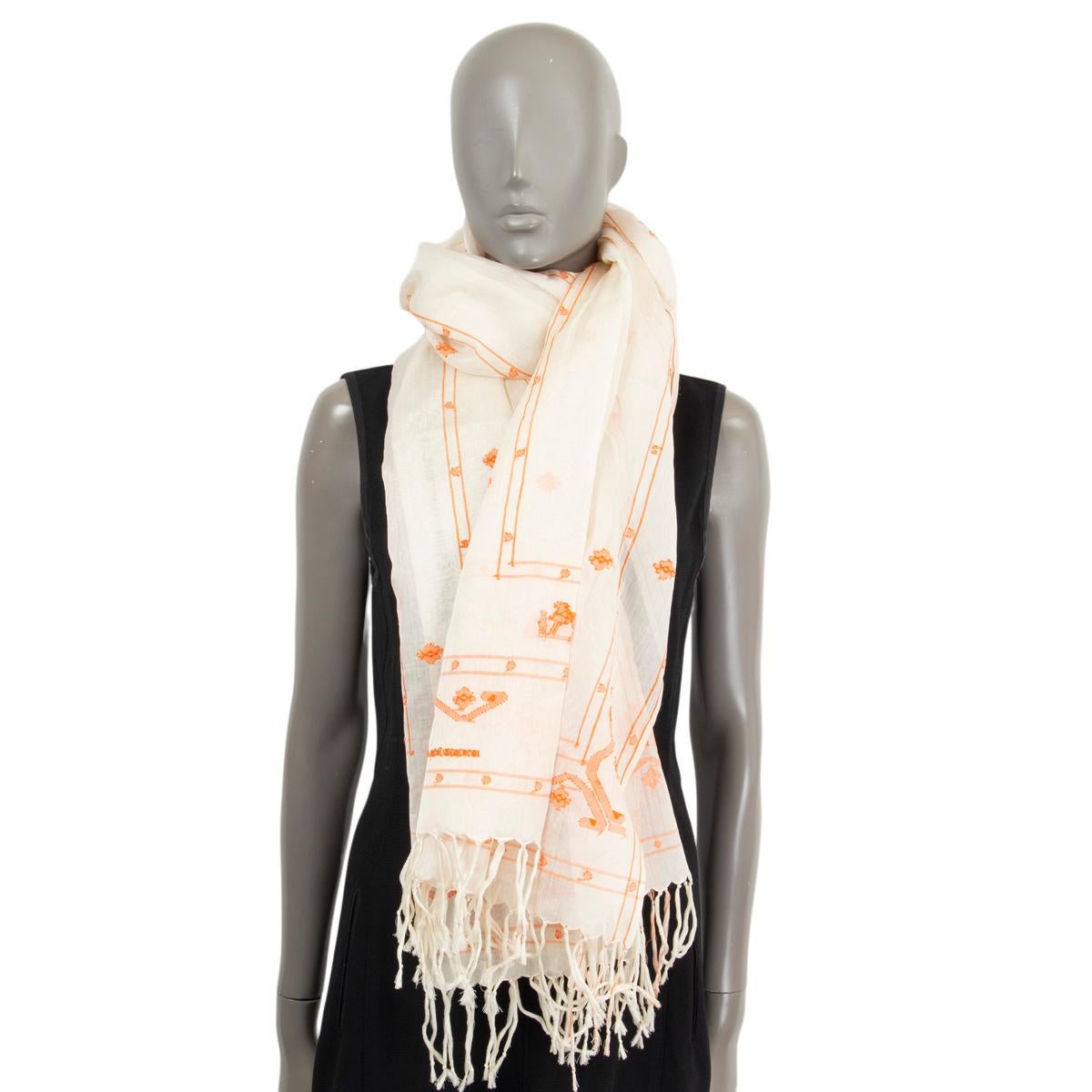 HERMES ivory & orange cotton & silk EMBROIDERED VOILE Scarf For Sale 1