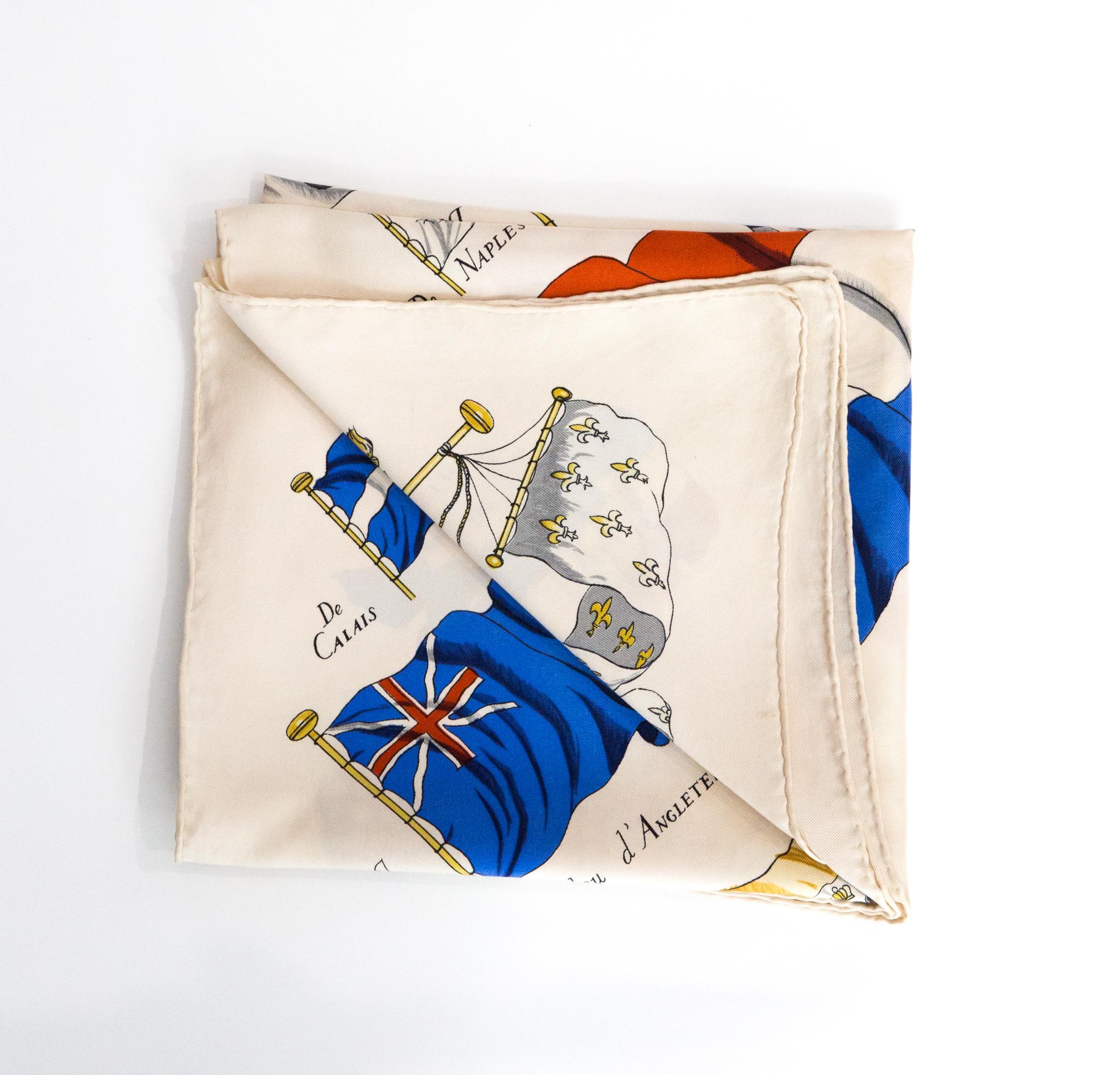 Hermes « Pavois » by Philippe Ledoux silk scarf featuring an ivory border and a Hermès signature. 
Circa 1990
In good vintage condition. Made in France.
35,4in. (90cm)  X 35,4in. (90cm)
We guarantee you will receive this  iconic item as described