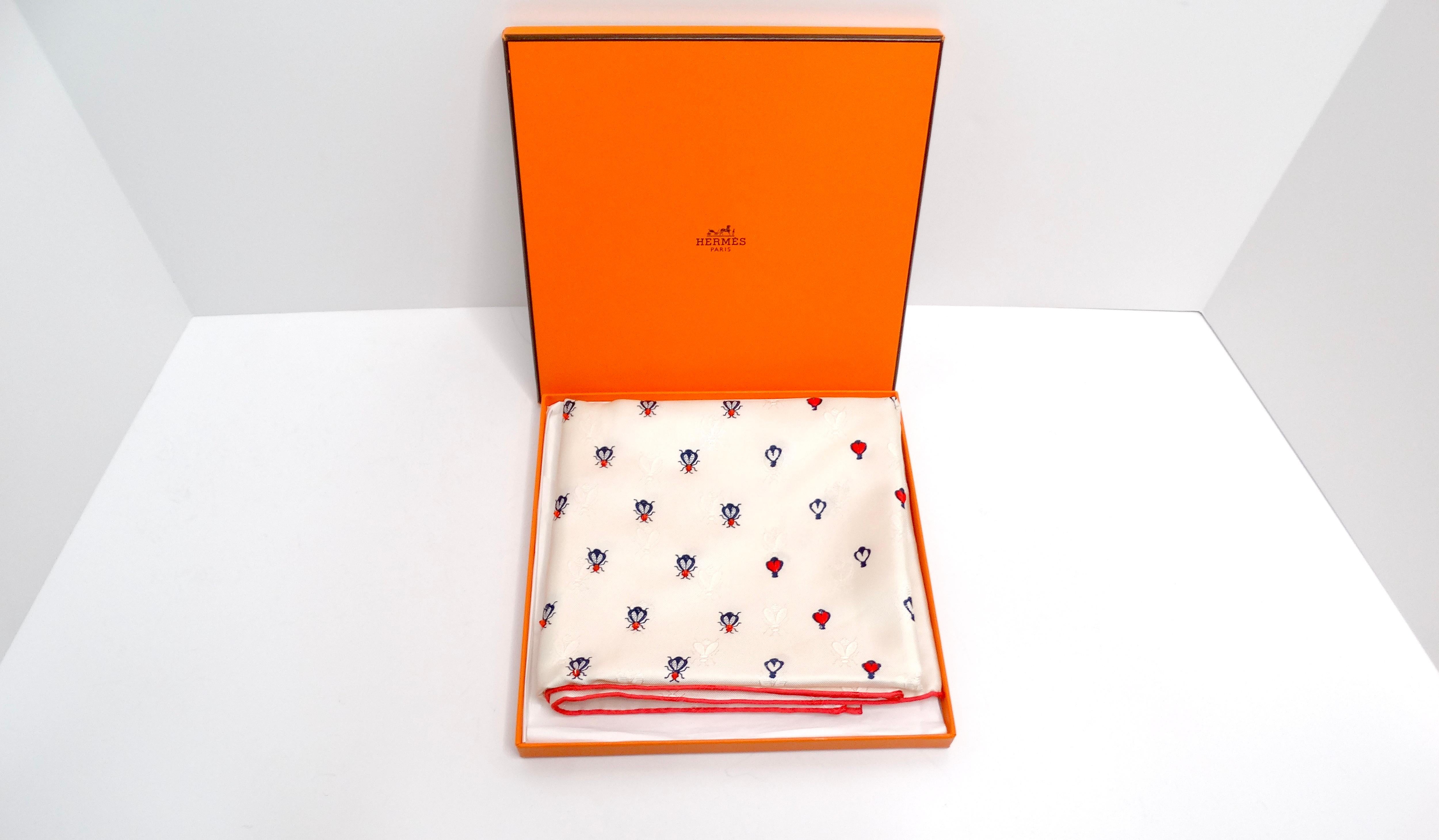 Gray Hermes Ivory & Ruby Toned Beaded Insect Silk Scarf