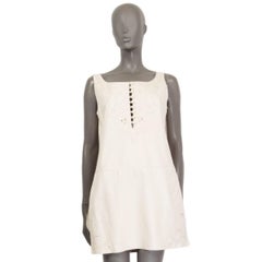 HERMÈS - Mini robe sans manches en cuir blanc ivoire avec broderie florale, 38 S